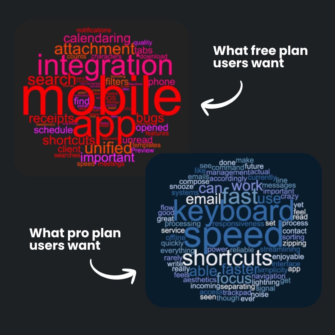 Word cloud showing customer feedback themes by segment